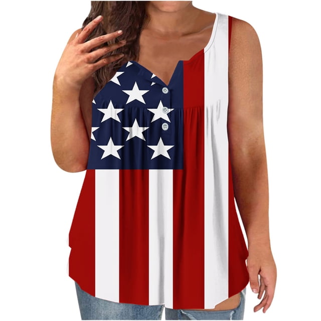 KIHOUT Plus Size Women's 4th of July Tank Top V Neck Button Sleeveless Front Ruffled Print Tunic Tops Black XL