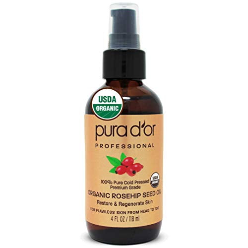 PURA D'OR Huile de Graines de Rose Musquée Biologique (4oz / 118mL) 100 % Pure Pressée à Froid Certifiée USDA Biologique, Soin Hydratant Anti-âge Entièrement Naturel pour le Visage, les Cheveux, la Peau, les Ongles, Hommes-Femmes (l'Emballage Peut Varier)