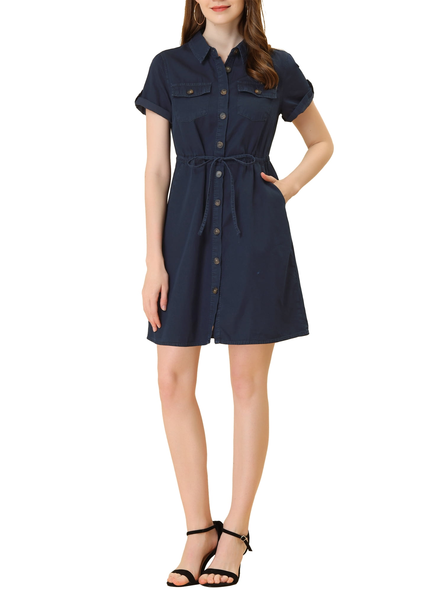INSPIRE CHIC Women's Casual Button Front Summer Short Sleeve Dresses L Dark Blue