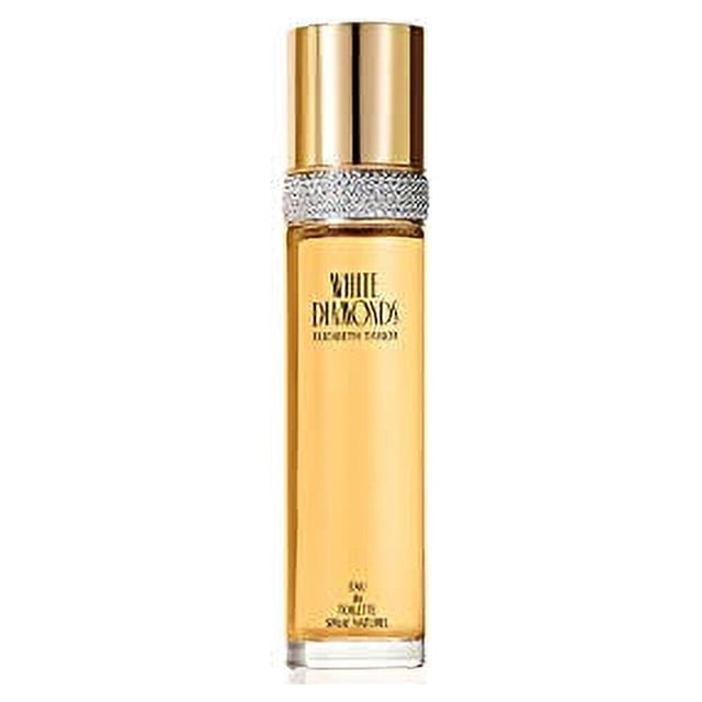 Elizabeth Taylor Parfum pour Femmes aux Diamants Blancs, Bouteille de 3,3 Onces avec un Luxueux Parfum floral Chypré. la Bouteille Présente un design Cylindrique Épuré avec un Bouchon Doré et un Anneau Étincelant Semblable à un Diamant Près du Dessus. Idéal pour le Port de Jour, Ce Parfum Rayonne de notes de Lys, de Tubéreuse et de Bois de Santal, Incarnant un Charmant et une sophistication Intemporels.