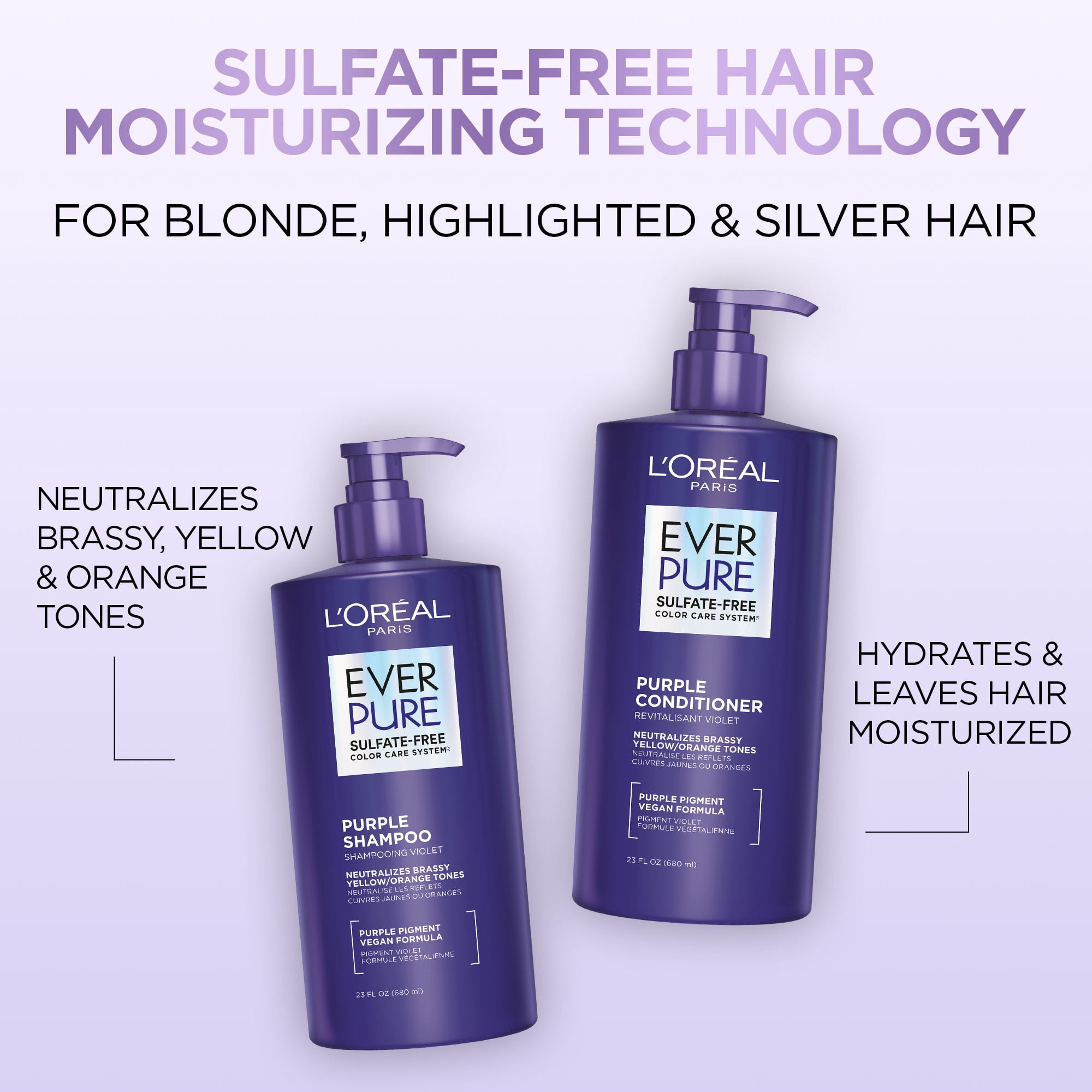 L'Oreal Paris EverPure Sulfate Free Purple Shampoo for Blonde, Bleached, Highlighted Brown, and Silver Hair