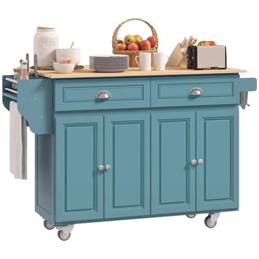 HOMCOM Îlot de Cuisine avec Rangement, Chariot de Cuisine avec Abattant, Bleu Pâle