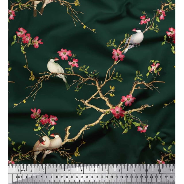 Soimoi Green polyester Crepe Fabric Floral & Franklin Gull Bird Decor Fabric Printed Yard 42 Inch Wide