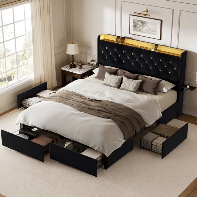 GUNAITO Cadre de Lit Format Grand avec 4 Tiroirs de Rangement, Lit Rembourré en Velours avec DEL et Ports USB, Tête de Lit Moderne à Ailes avec Tablette de Rangement de Chevet, Noir