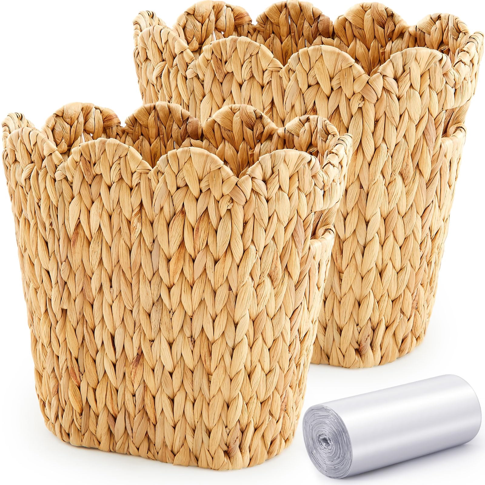 Ziliny 2 Pcs Wicker Trash Can with 50 Small Trash Bag Wicker Waste Woven Basket with Handles Clear Multi Use Garbage Bags for Bathroom Kitchen Bedroom (Calabash Vine,Sca