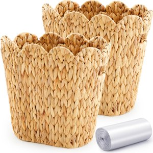 Ziliny 2 Pcs Wicker Corbeille avec 50 Panier de déchets d'essayage avec poignées Sacs à ordures transparents à usage multiple pour la salle de bains Chambre à coucher (Calabash Vine,Sca