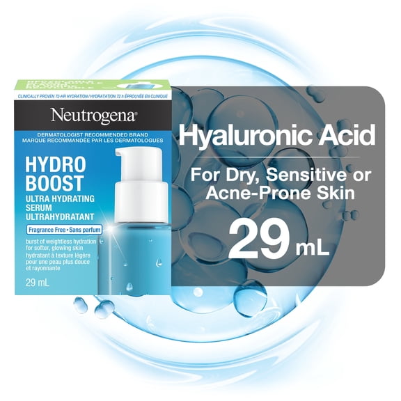 Neutrogena Hydro Boost Sérum Ultra Hydratant, Acide Hyaluronique, Acides Aminés, Électrolytes, Acné, Peau Sèche & Sensible
