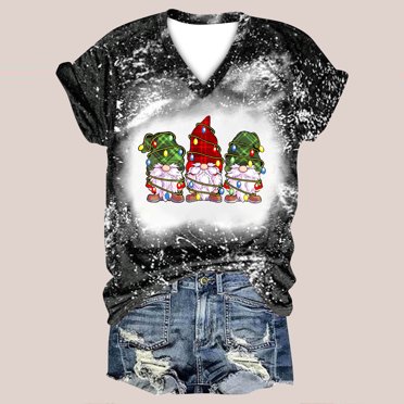 Qertyioot Women Fashion Christmas Print T-Shirt, Casual Short Sleeve Vintage Slight Stretch Top