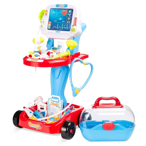Best Choice Products Play Doctor Kit for Kids, Pretend Medical Station Set with Carrying Case, Mobile Cart - Blue