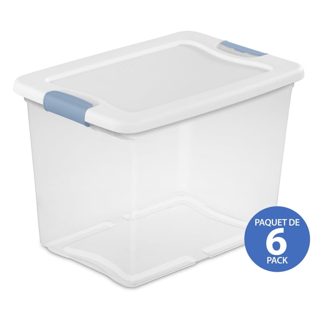 Sterilite 24 L latching box, small clear plastic storage bin with white lid and light blue latches, shown at a 3/4 angle on a white background, designed for easy one-handed access and stackable storage, suitable for organizing shipping boxes and moving supplies.