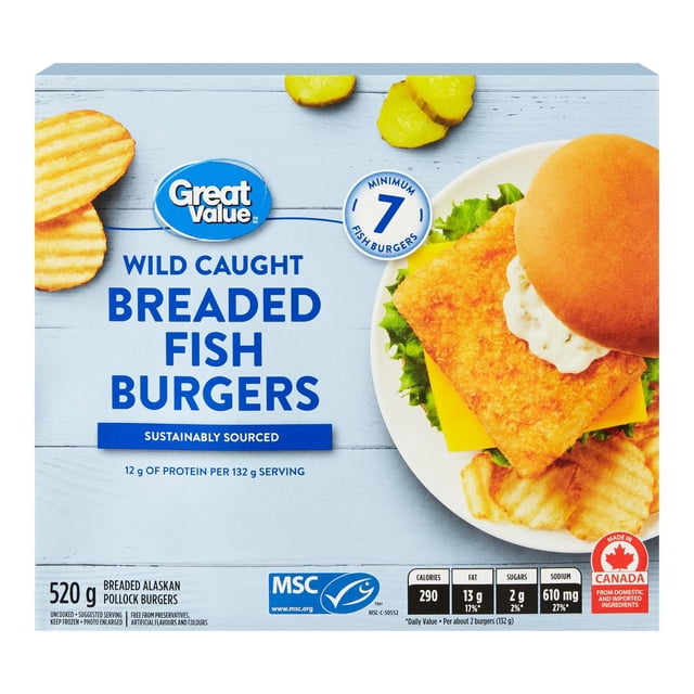 Great Value Breaded Fish Burgers package showing wild caught, sustainably sourced breaded Alaskan pollock fish burgers with 12 g protein per 132 g serving, minimum 7 fish burgers, 520 g net weight, nutrition facts, and a prepared fish burger with lettuce, cheddar cheese, tartar sauce, and a bun on a light blue wooden surface with ridged potato chips and pickle slices.