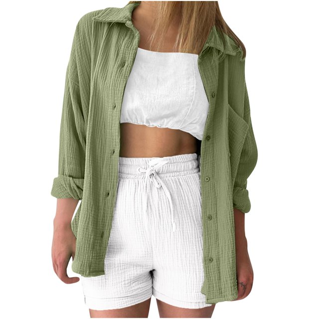 Timegard Tops for Women Lapel Neck Long Sleeve Button up Shirts Solid Color Fall Casual Loose Blouse
