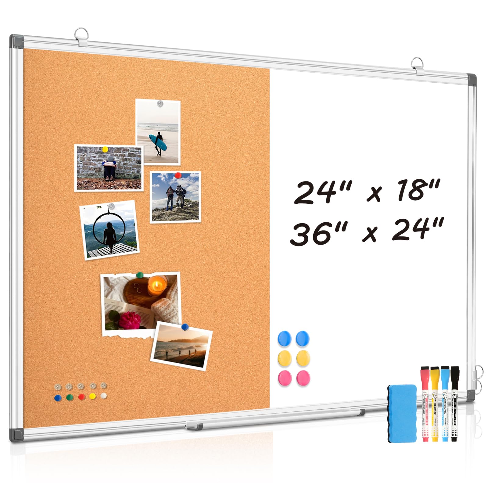 WALGLASS Combination Magnetic Whiteboard & Corkboard, 24"x18" Combo for School, Office & Home, Dry Erase Board with Removable Tray, Pins, Eraser, Markers & Magnets