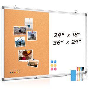 WALGLASS Combination Magnetic Whiteboard & Corkboard, 24"x18" Combo for School, Office & Home, Dry Erase Board with Removable Tray, Pins, Eraser, Markers & Magnets