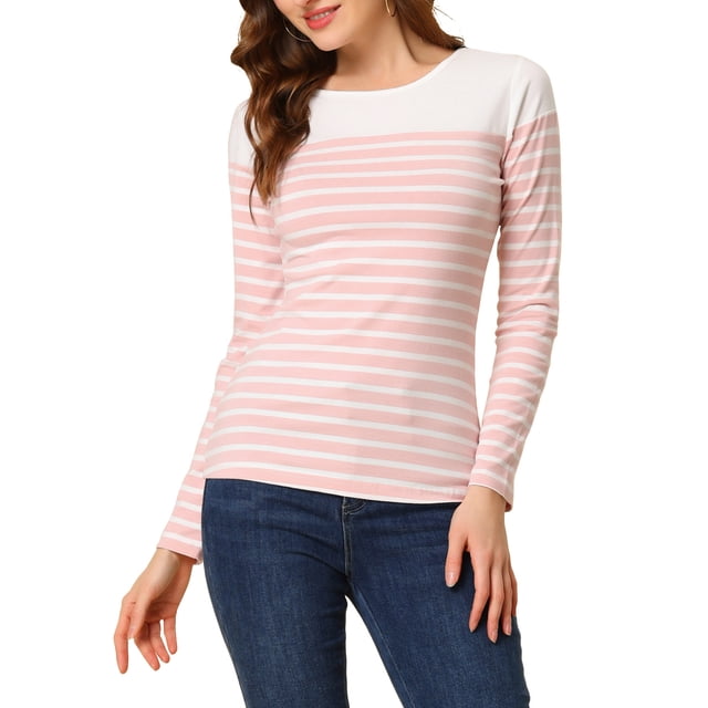 INSPIRE CHIC Blouse pour Femme à Rayures en Blocs de Couleur, T-Shirt Décontracté à Manches Longues en Taille P, avec un Motif à Rayures Roses et Blanches en Blocs de Couleur. Ce Haut à Encolure Ronde, Manches Longues et Coupe Régulière, Fabriqué en Mélange de Tissu Doux et Respirant pour le Confort. Idéal pour les Sorties Décontractées, les Journées de Travail Ou les Vacances, Il s'Agence Bien avec des jeans, des Pantalons Ou des shorts. Montré sur un Modèle avec des jeans Bleus.