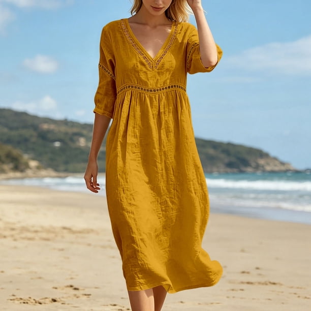 Yammkia Summer Dress Cotton Dress for Women Summer Sleeveless Long Casual Sundress Lady Solid Color Open Back Lounge Dresses(Yellow,XL)