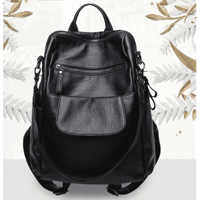 Women's leather backpack, school bag, and shoulder bag in a sleek black finish. Features a detachable shoulder strap, two adjustable back straps, and multiple pockets for organized storage. Designed with optimized stitching and a sophisticated all-black textile lining. Suitable for school girls or women, offering practicality and versatility.