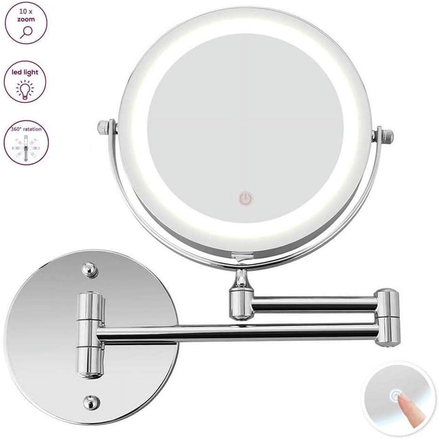 LED Lighted Makeup Mirror - 10X Magnifying Illuminated Wall Mounted Bathroom Mirror with a two-sided design, flexible gooseneck, and 360-degree rotation. Features a touch sensor switch for LED light control and brightness adjustment, powered by a USB cable. Built-in 27 LED lights provide illumination for makeup application in dimly lit areas. The foldable gooseneck allows height adjustment for optimal viewing angles, and the 10X magnification is ideal for detailed beauty care. Suitable as a cosmetic or vanity mirror, with a chrome finish and easy wall installation using supplied screws.