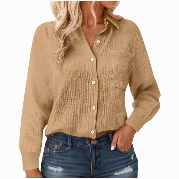Splozh Womens Fashion Fall Clothes Women Casual Fashion Solid Color Lapel Long Sleeve Shirt Single Casual Shirt Top with Pockets Gold,XL