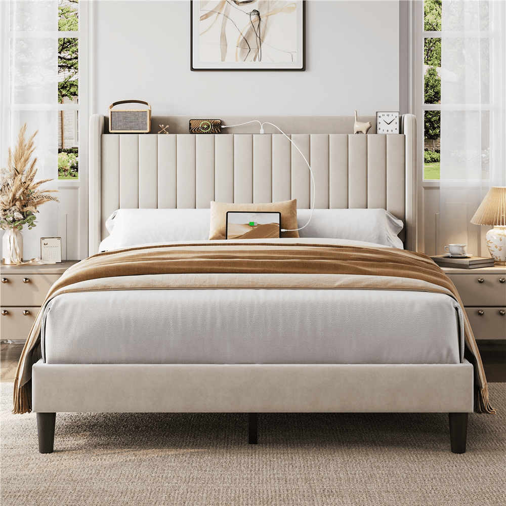 FullFurnique Cadre de Lit Capitonné en Velours avec Prises de Courant et Ports USB, Double, Beige