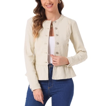 INSPIRE CHIC Vestes en Denim pour Femmes à Boutons Ourlet Péplum Manches Longues Vestes en Jean Courtes Oyster white TP