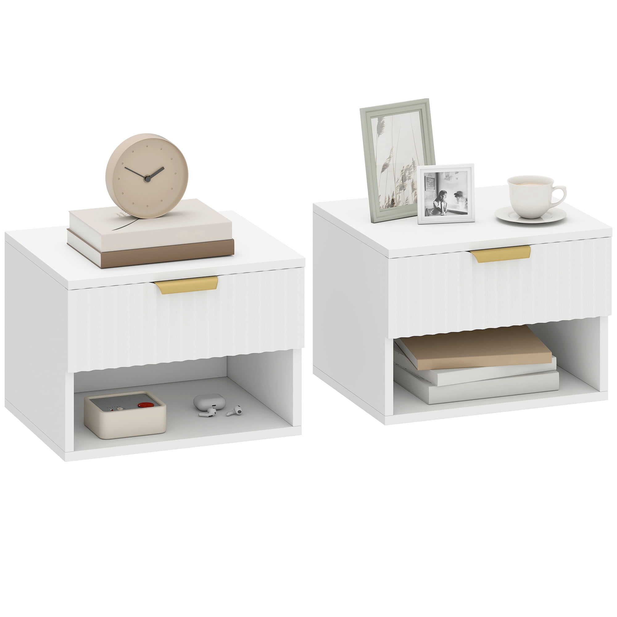 HOMCOM Floating Nightstands Set of 2, Bedside Tables with Fluted Drawer