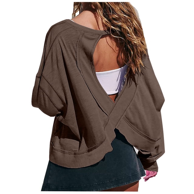 Timegard Womens Tops Drop Shoulder Backless Cutout Tops Fall Casual Loose Comfy Cropped Blouse Tee