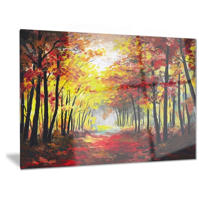 Design Art Walk through Autumn Forest Landscape Metal Wall Art
