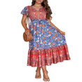 thumbnail image 3 of Robe Longue Femme Manches Courtes Col en V Robe Fleurie avec Ceinture, 3 of 9