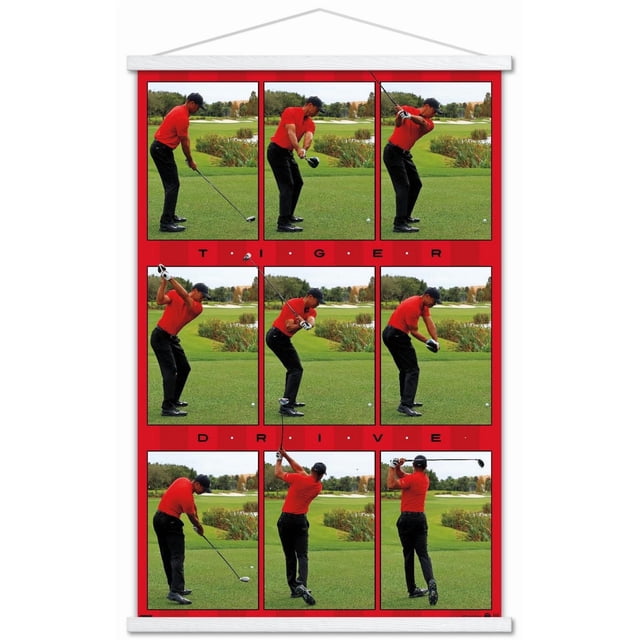 Tiger Woods - Affiche Murale Drive, 22,375 Po x 34 Po, Affichant une Séquence de Neuf Panneaux d'Un Golfeur en Chemise Rouge et Pantalon Noir Exécutant une Balançoire Drive sur un Terrain de golf Vert, sur Fond Rouge avec le Texte « Tiger Drive » entre les Rangées, Convenant à la Déco de la Maison et aux Amateurs de golf.