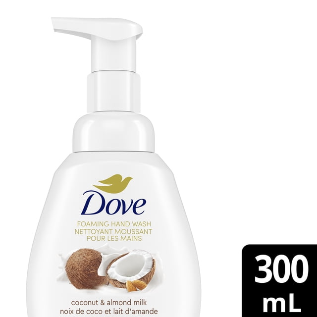 Dove Coconut and Almond Milk Foaming Hand Wash in a white pump bottle with the Dove logo and images of coconut and almonds on the label, containing 300 mL of gentle, nourishing foaming hand soap ideal for dry skin care and daily use.