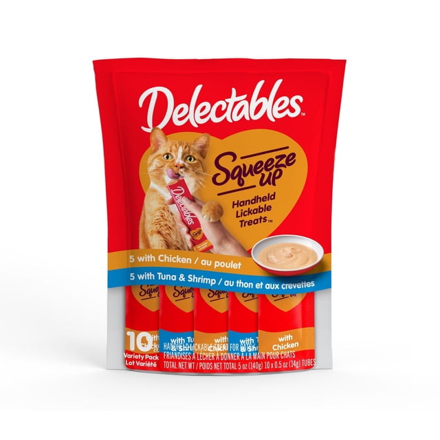 Delectables™ Chicken, Tuna & Shrimp Squeeze Up™ Wet Cat Treats 10-pack featuring 5 chicken and 5 tuna & shrimp lickable puree tubes, with a ginger cat licking a treat from a hand and a bowl of creamy puree shown on the red packaging front, suitable for interactive feeding or as a food topper.