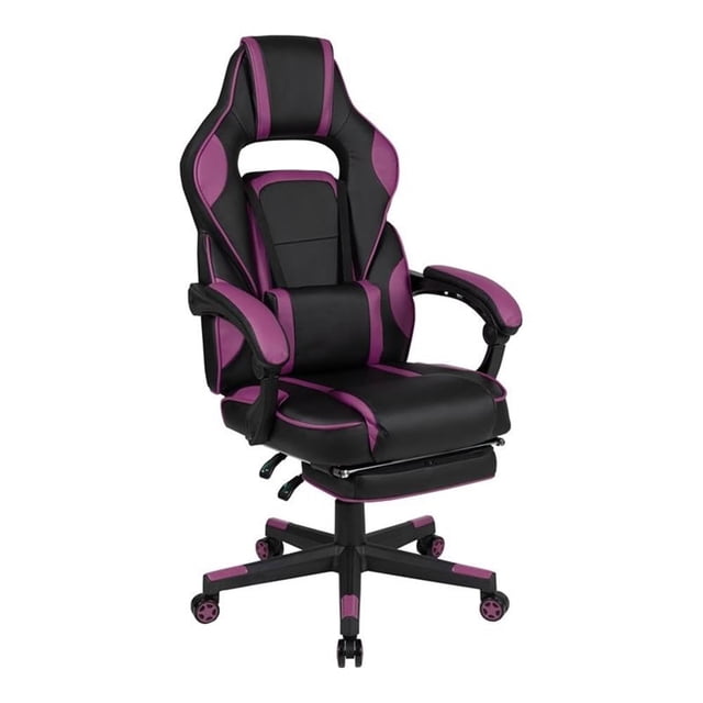 Flash Furniture X40 Gaming Chair Racing Ergonomic Computer Chair in black and purple with a fully reclining back, adjustable arms, slide-out footrest, and massaging lumbar support. Designed for gaming and office use, featuring a five-wheel base for mobility.