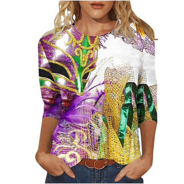 Penkiiy Blouse de Carnaval Manches 3/4 Chemise de Printemps Tee Quotidien Imprimé Masque Blouse Mardi Gras Col Rond 2024 Tee Tunique Habillée Multicolore