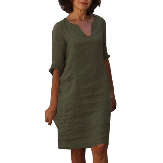 Kcodviy et Robe Midi en Lin à Manches Courtes pour Femmes Vacances Semi-Décontractée Robes pour Femmes Décontractées d'Été Mini-Robe à Col en V pour l'Été Robe pour Femmes de Couleur Unie