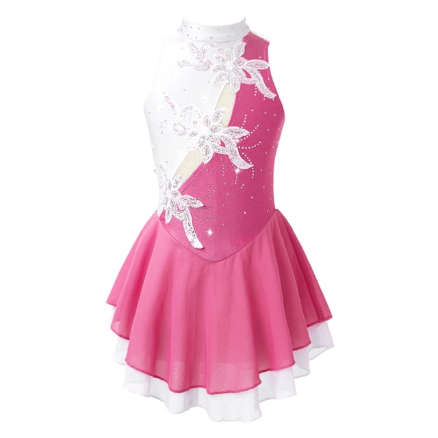 MSemis Enfants Filles Sans Manches Paillettes Floral Justaucorps de Ballet Tutu Jupe Patinage Artistique sur Glace et à Roulettes Robe de Compétition Costume Rose&Blanc 10