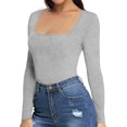 thumbnail image 4 of fartey Justaucorps à Manches Longues pour Femmes Noir Col Carré Extensible Coupe Ajustée Hauts Justaucorps Combinaison Gaine, 4 of 5