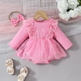 thumbnail image 2 of Besolor Baby Girl Outfit Toddler Ribbed Knit Long Sleeve Mesh Romper Dress with Bow Headband Fall Spring Clothes, 2 of 7