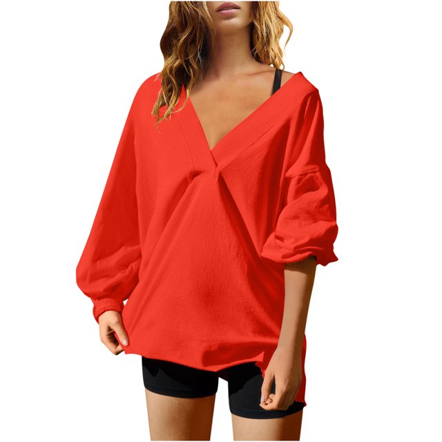 MeetoTime Oversized Long Sleeve Pullover for Women Fall Trendy V-Neck Loose Solid Color Sweatshirt Tops