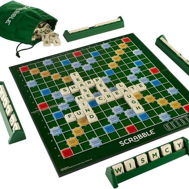 Original Scrabble Board Game - Generic featuring a vibrant green game board with letter tiles forming words like 'CREATE' and 'LAUGH.' Includes green tile racks, a green drawstring bag for tile storage, and durable plastic components. Compact size measuring 12 x 3.8 x 21 cm and lightweight at 136.6 g, perfect for travel or game nights.