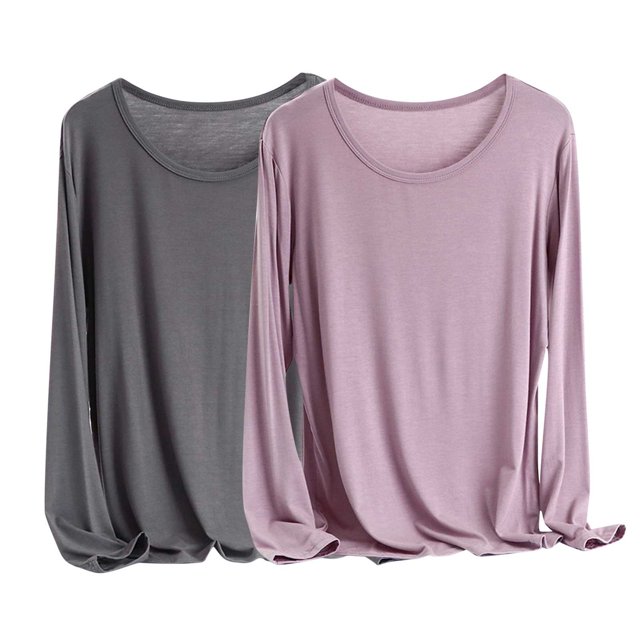 MeetoTime 2 Pcs Hauts à Manches Longues pour Femmes Col Rond Basique T-Shirt Doux Grande Taille T-Shirts Confortables X-6X