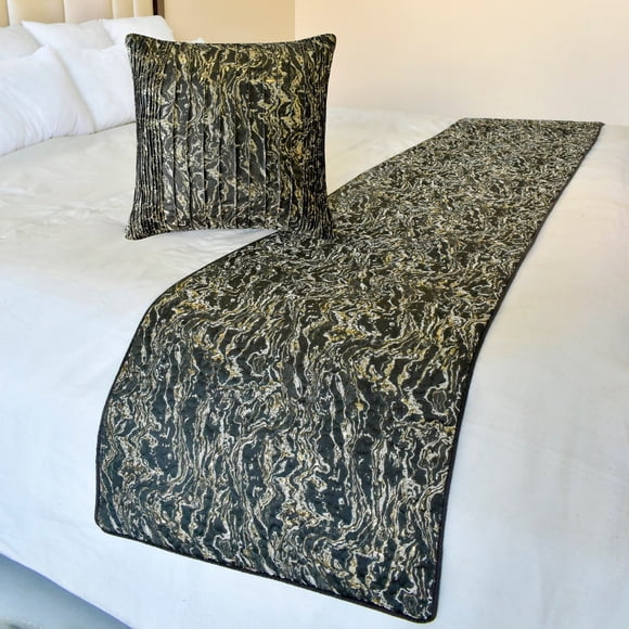 The HomeCentric King / Queen / Twin Black Decorative Bed Runner CA King 86"x18" Bed Runner WITH Two Pillow Cover, Marble Pattern, Pintucks, Quilted Bed Scarf on Jacquard fabric - Stellaris