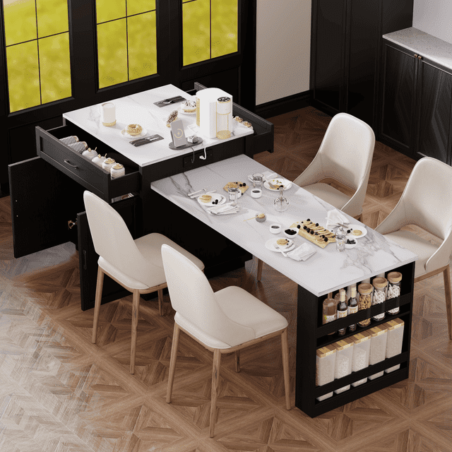Montary 82.7 Inch Kitchen Island w/Extendable Table for 6, Faux Marble Top, Double Storage: 2 Drawers & 2 Shelves, w/Power Outlet, Black