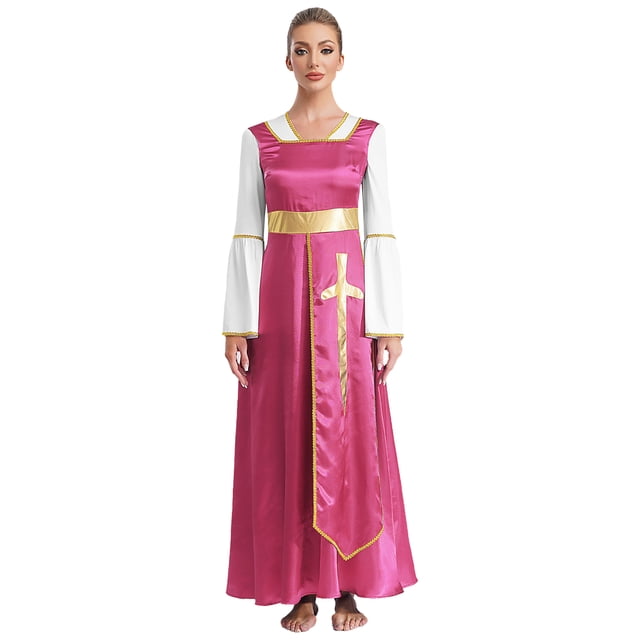 Sxiwei Robe Tunique Superposée de Danse de Louange pour Femme Longueur Cheville Coupe Ample Robe Maxi Robe de Culte Liturgique Rose Vif 3TG