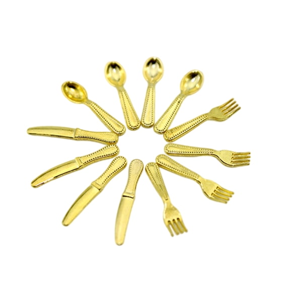 fastboy 12 Pcs Miniature Plates Mini House Kit Fork Spoon Tableware Model Minihouse Accessories KitchenToys for Boys Girls B-Gold 1Set