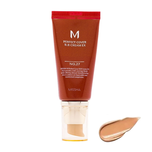 MISSHA M Perfect Cover BB Cream Ex 50ml - No.27 Exposé en tube Rouge avec un Distributeur à Pompe, Accompagné d'Un Éclat de Son Ton beige Chaud. Cette BB Cream Offre une Couvrance Moyenne à Élevée, une Finition Semi-Mate, et Convient à Tous les types de Peau. Enrichie d'Ingrédients Hydratants comme l'Acide Hyaluronique et un Extrait Apaisant de Camomille, Elle Mélange Soins de la Peau et Maquillage de Façon Fluide.