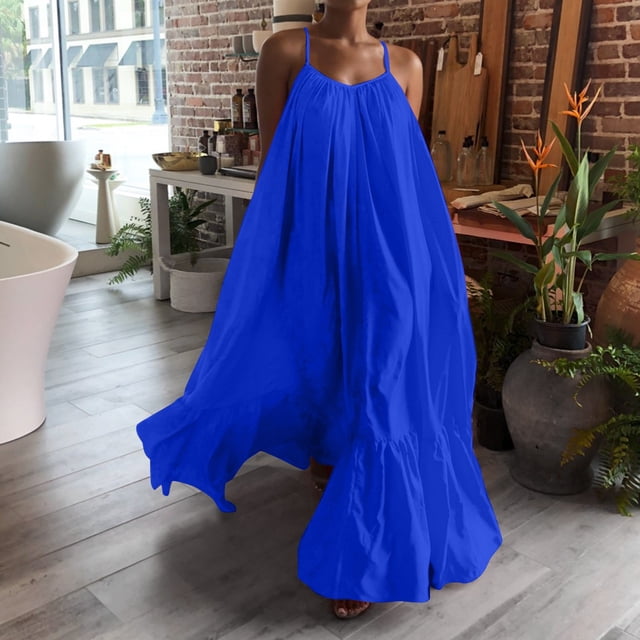 HKEJIAOI Robes de Sortie pour Femmes Offres Liquidation Cadeau de la Saint-Valentin Femmes Mode Décontractée Robe Unie à Bretelles Poche Ample Dos Nu Grande Robe Évasée Bleu