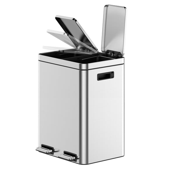 40L (2 x 20L) Dual Compartment Stainless Steel Indoor Trash Can,Rectangular Recycling Trash Can with Removable Plastic Inner Buckets,Soft-Close Lid, Step-on Garbage Bin for Kitchen,Office