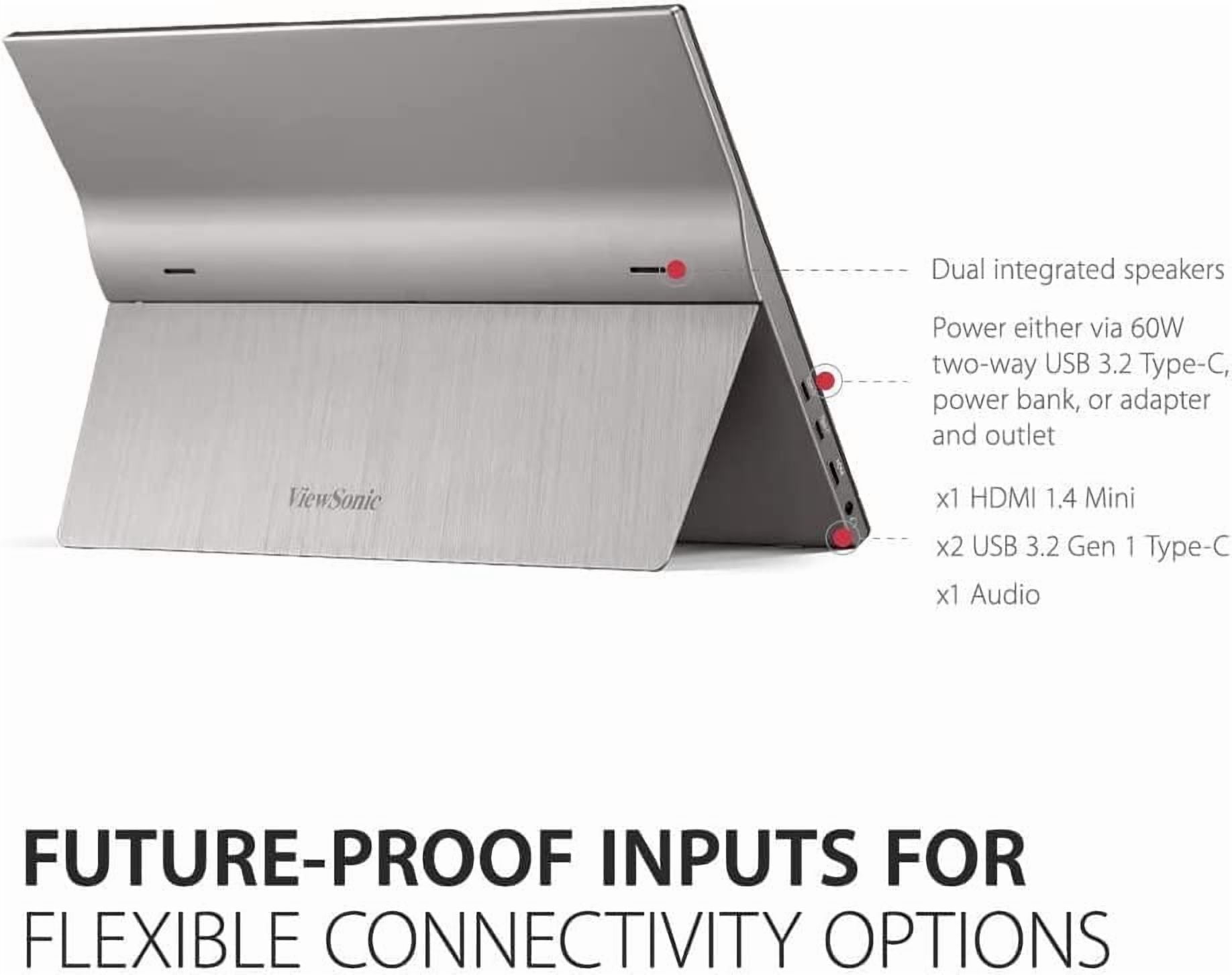 Moniteur ultra portable Viewsonic 15,6 pouces 1080p avec écran tactile, alimentation 2 voies USB C 60 W, protection des yeux, double haut-parleurs, design sans cadre et support intégré avec couvercle