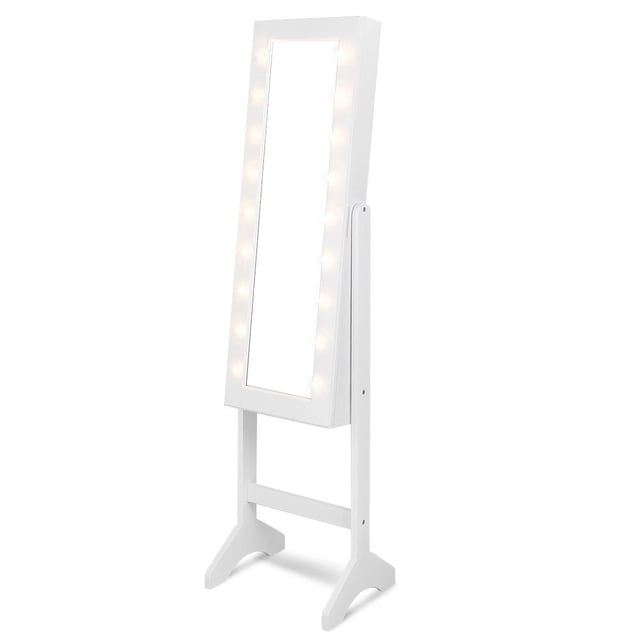 Giantex Armoire à Bijoux Boîte Organisateur d'Armoire avec 18 DEL, sur Pied pour Maison Chambre 16 Porte-Rouge à Lèvres 1 Miroir de Maquillage Intérieur Lumières Complètes, Grand Rangement Armoires Miroir Armoires à Bijoux (Blanc)